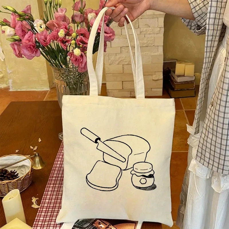 Food Pouch Reusable - Bread Jam Line Art Canvas Tote